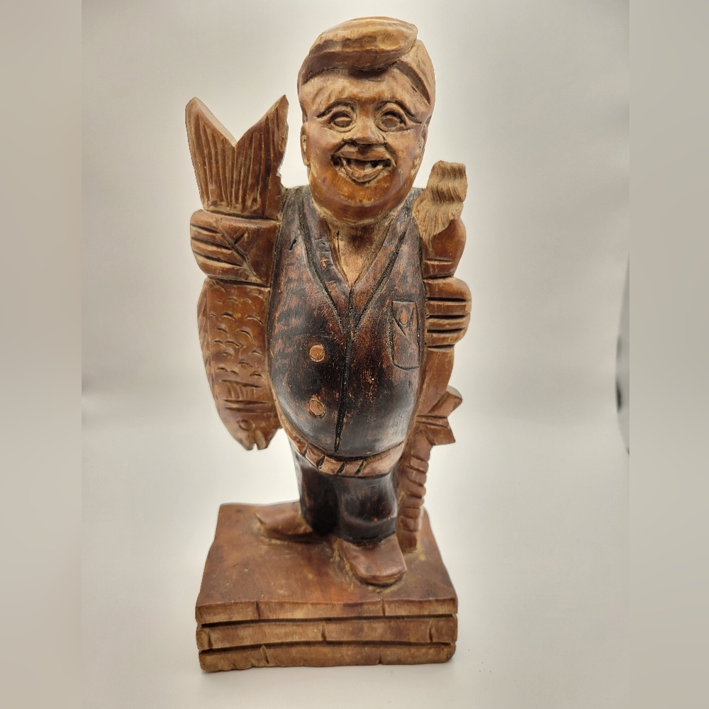 Vintage Handcarved Wood Figurine. Man, with fish and staff?
